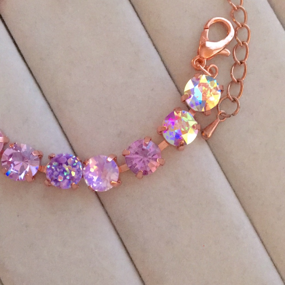 Iridescent Turquoise + Purple Opal Ombre Rose Gold Crystal Tennis Bracelet - Picture 7 of 10
